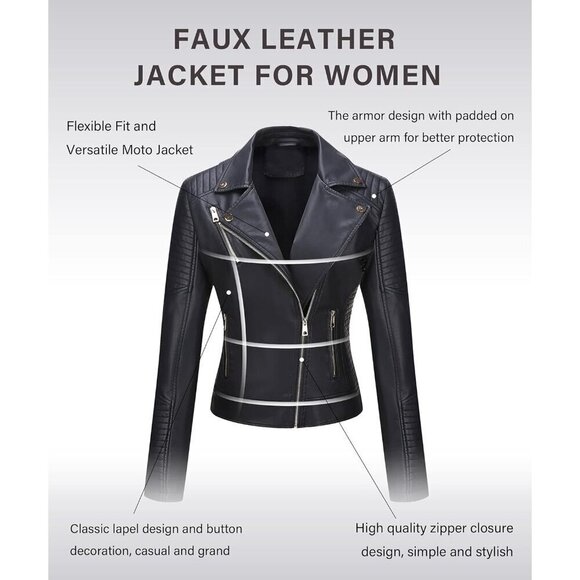 Women Black Faux Leather Casual Jacket Moto Biker Short Coat - Picture 9 of 9